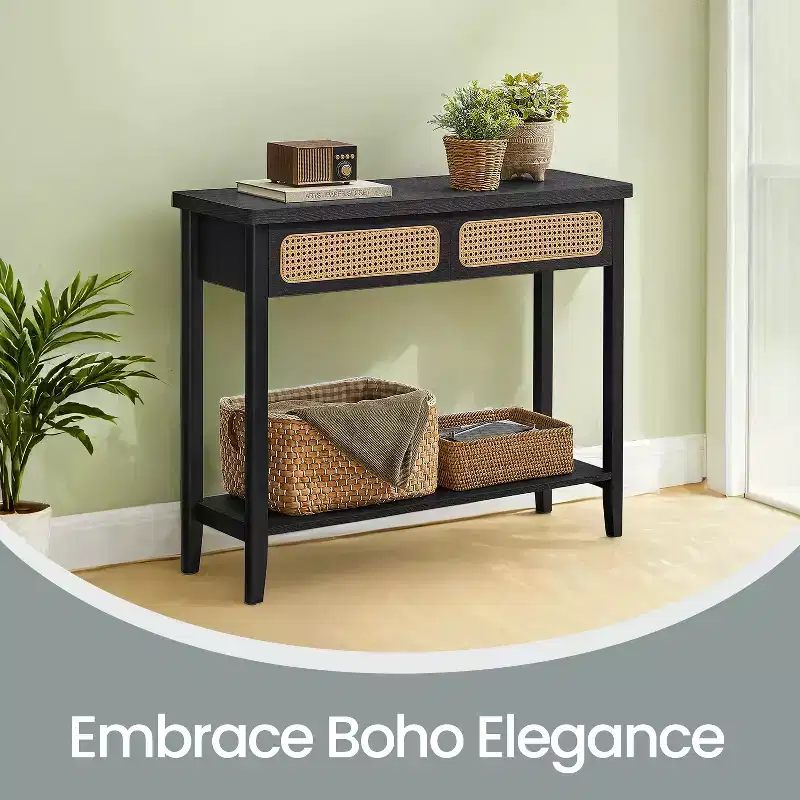 Rattan Console Table with 2 Drawers & Open Shelf, Narrow Entryway Table, 39.4