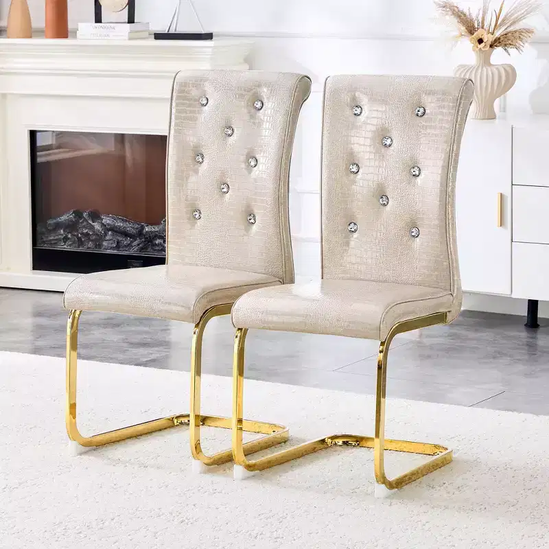 Set of 2 Retro Alligator Skin Upholstered Dining Chairs with Gold Plated Legs