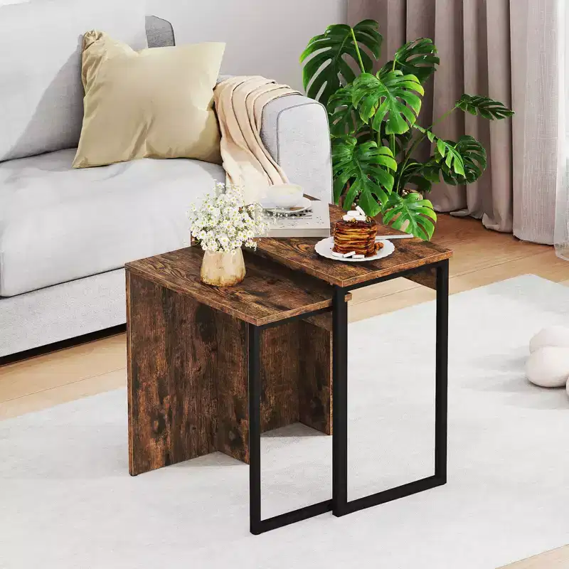 Costway Set of 2,Nesting Coffee Table 2-in-1 Faux Wood Top Sofa Side Table Rustic Brown