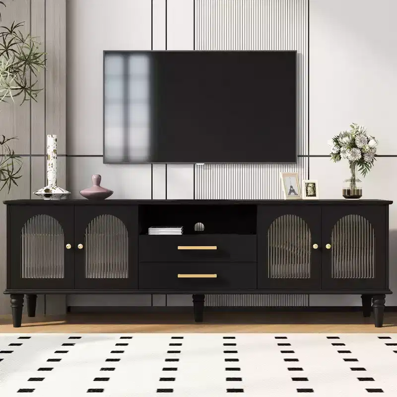 Bestier 69 Retro TV Stand for TVs up to 75, Living Room Entertainment Center Media Console with Arched Fluted Glass Doors, 2 Storage Drawers