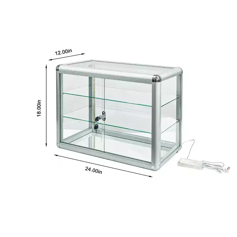 Tempered Glass Top Display Cabinet with Sliding Glass Door and Lock, Standard Aluminum Frame, Display Cabinet with Sliding Glass Door, Lock and LED