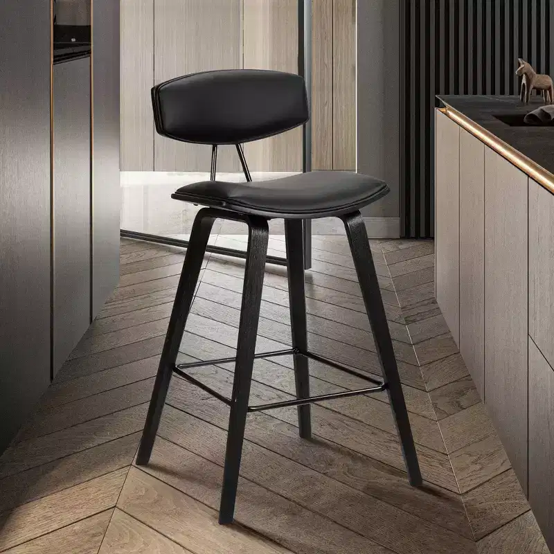 Brown/Walnut Mid-Century Low Back Barstool, Faux Leather, Fixed Height, Seats 1