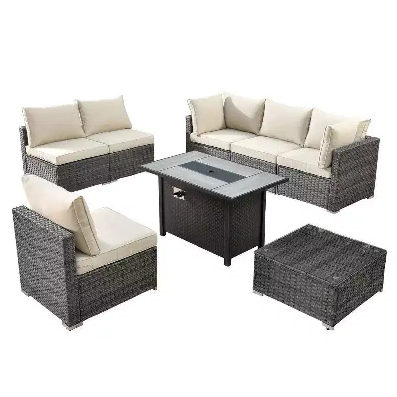 Ovios Venice 8pc Wicker Outdoor Patio Furniture Set Conversation Sofa with a Metal Fire Pit and Cushions