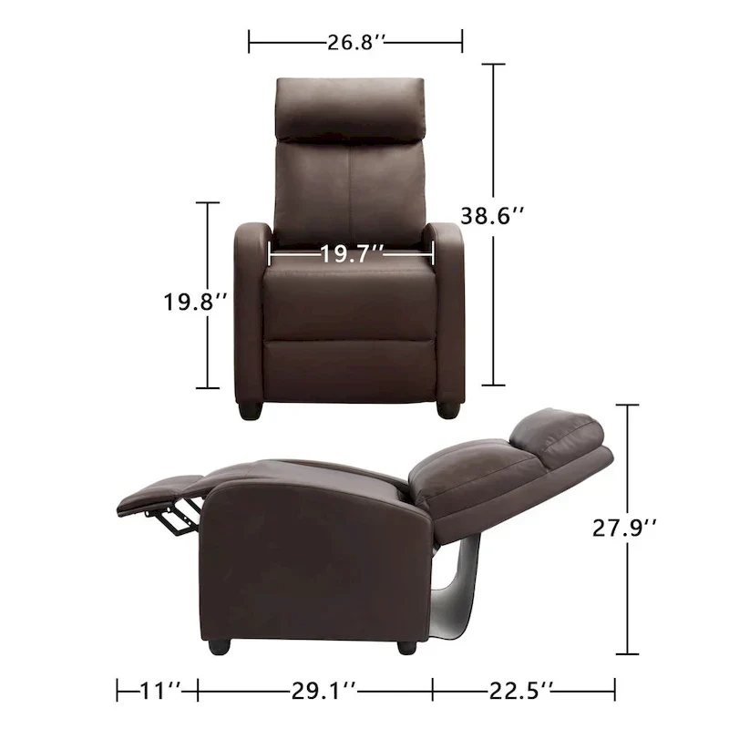 PU Leather Push-Back Recliner Chair, Brown / Black / Grey / Khaki / Red / Beige, Single