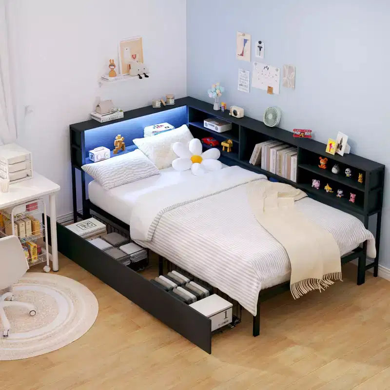 Twin/Full Kids =Daybed Corner Bed Frame with Storage Bookcase & LED Light,Modern Bookcase Platform Bed,No Box Spring Needed