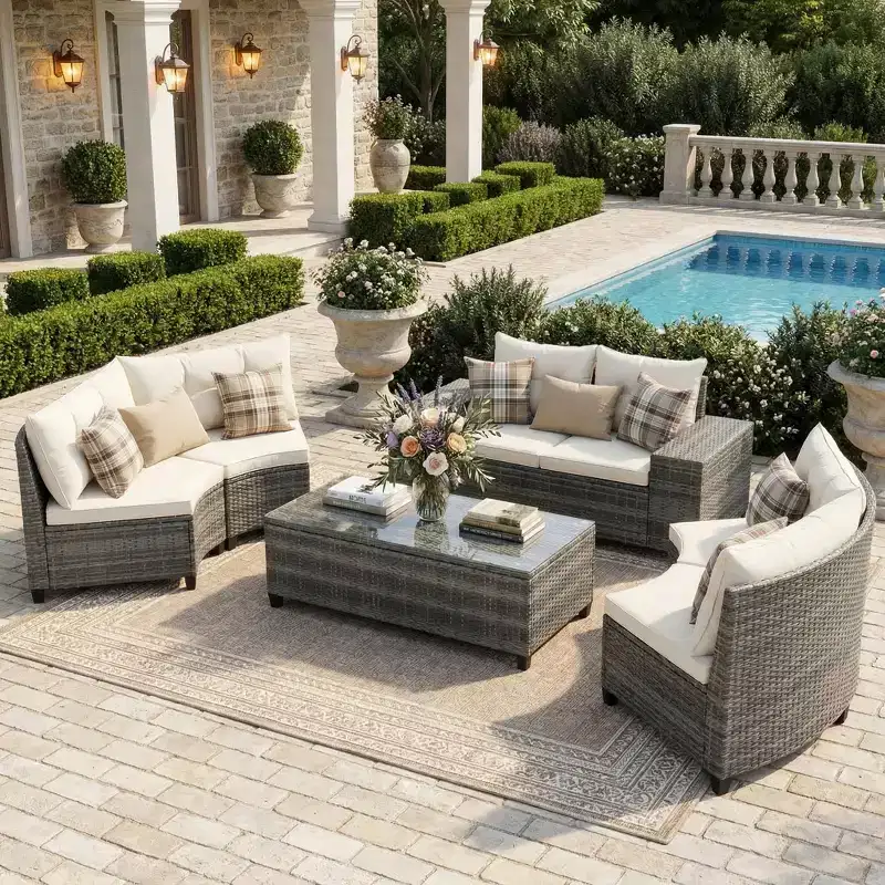 Whisen 8-Piece Wicker Patio Sectional Sofa Set, Outdoor Curved Half-Moon Sectional Couch Sets with Rectangular Coffee Table
