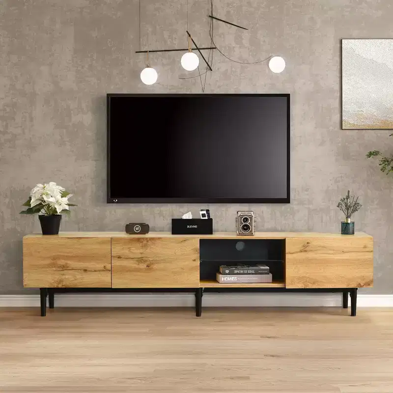 Modern TV Stand with 4 Cabinets& Open Shelves, Color-matching Media Console Table for TVs up to 80'' with LED Light