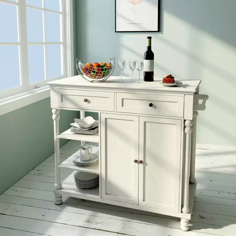 eHemco Wood Euro Kitchen Island with Storage Cabinet, 2 Drawers and 3 Open Shelves, White