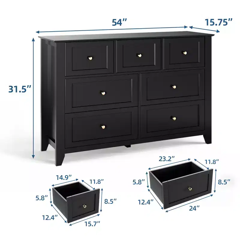 Modern 7 Drawer Dresser for Bedroom, 54 Wide Wooden Dressers with Large Storage,Handleless Chest of Drawers TV Stand for Living Room & Hallway