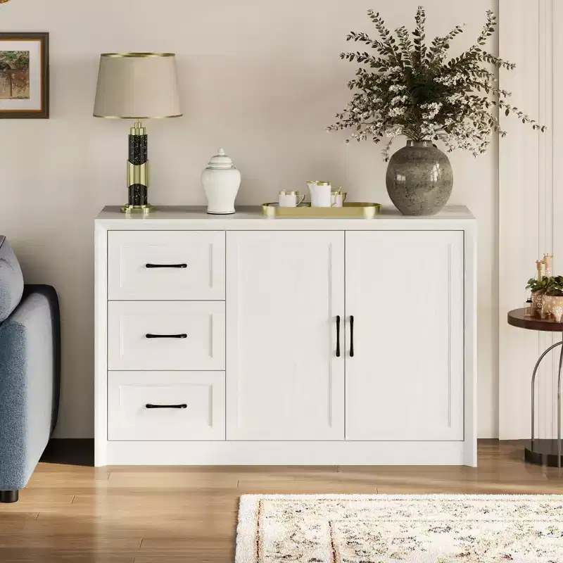 Wood Grain Buffet Chest Kitchen Cabinet with Anti-Tipping Device, 3 Drawers+2 Doors for Kitchen or Living Room Storage