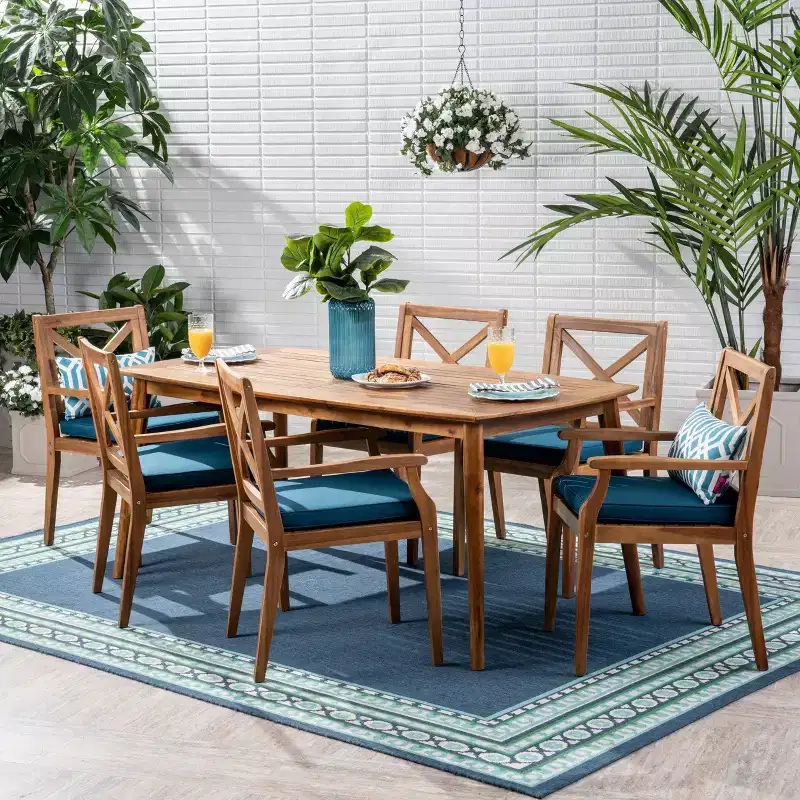 Llando 7-pc Acacia Wood Dining Set - Teak/Blue - Christopher Knight Home: Weather-Resistant with Polyester Cushions