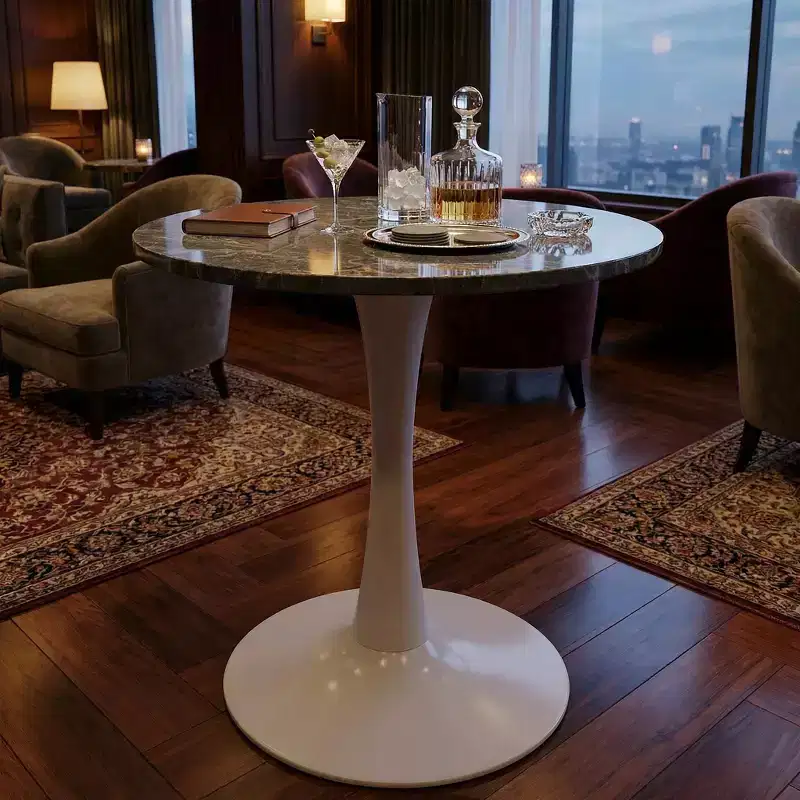 JVNOXK 27.6 Mid-Century Modern Round Coffee Table, White Pedestal with Dark Gray Veined Marble-Effect Top
