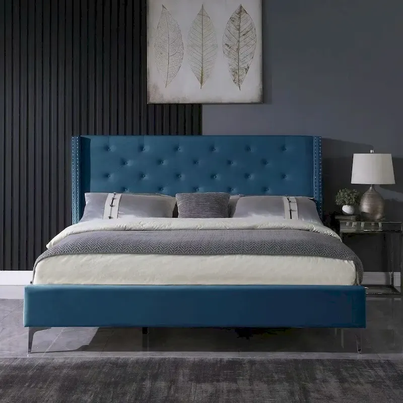Morden Fort King Size Velvet Upholstered Platform Bed Frame with 6 inches Metal Legs