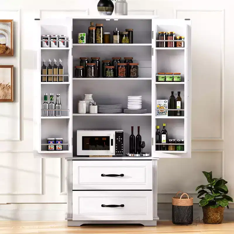 Stylish 71 Farmhouse Kitchen Pantry Cabinet - 2 Large Drawers, Embossed Texture 8 Door Shelves 3 Cabinet Shelves for Kitchen, Dining
