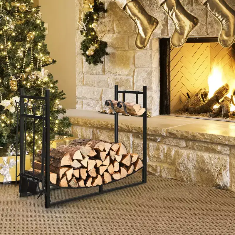 Costway 36'' Fireplace Log Rack W/ 4 Tool Set Kindling Holders for Indoor Outdoor