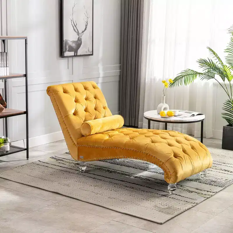 Velvet Chaise Lounge Indoor,Button-Tufted Upholstered Chaise Lounge Chair with Pillow for Bedroom