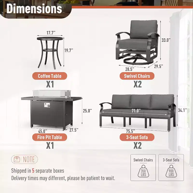 ALAULM Aluminum Patio Furniture Set 8-Seat Modern Metal Outdoor Conversation Sets w/45in Propane Fire Pit Table