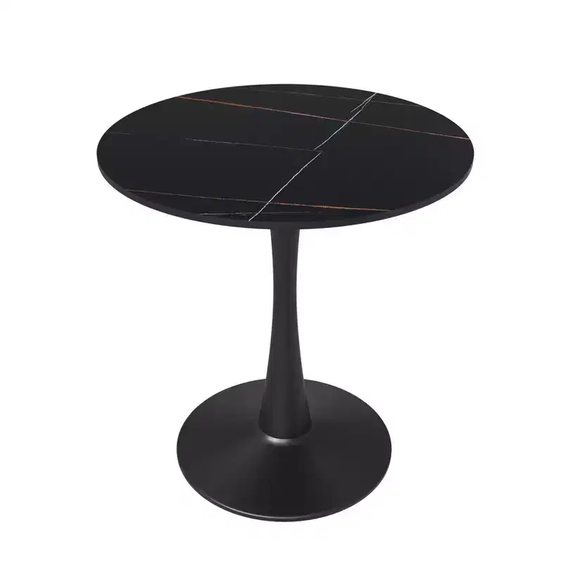 LeisureMod Bristol 24 Round Dining Table  Sintered Stone Top Accent Caf Table & Sturdy Steel Black Pedestal Base for Kitchen and Small Spaces