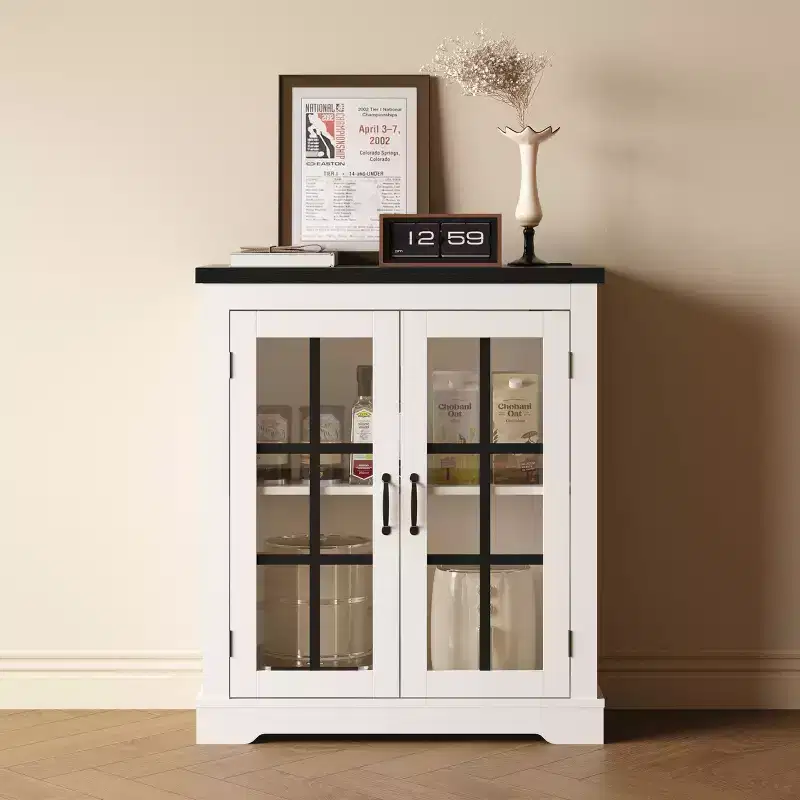 Buffet Cabinet with Storage, Sideboard Buffet with Glass Doors, Built-in Power Outlet, Black Relief Top Plate, for Kitchen