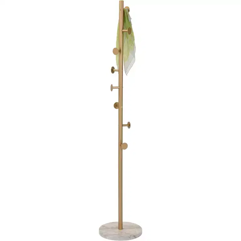 Freestanding Metal Hall Tree Coat Rack Stand with 8 Hooks for Entryway Hanging Clothes, Hats, Bags (Gold)