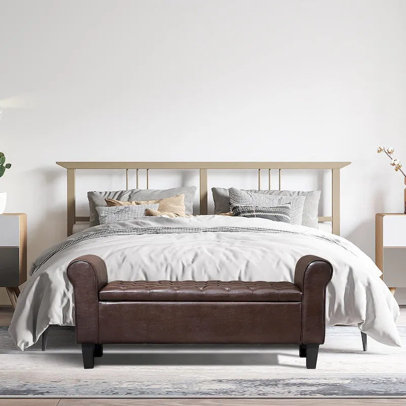 Leather Upholstered Storage Ottoman Bench with Arms | Entryway or Bedroom