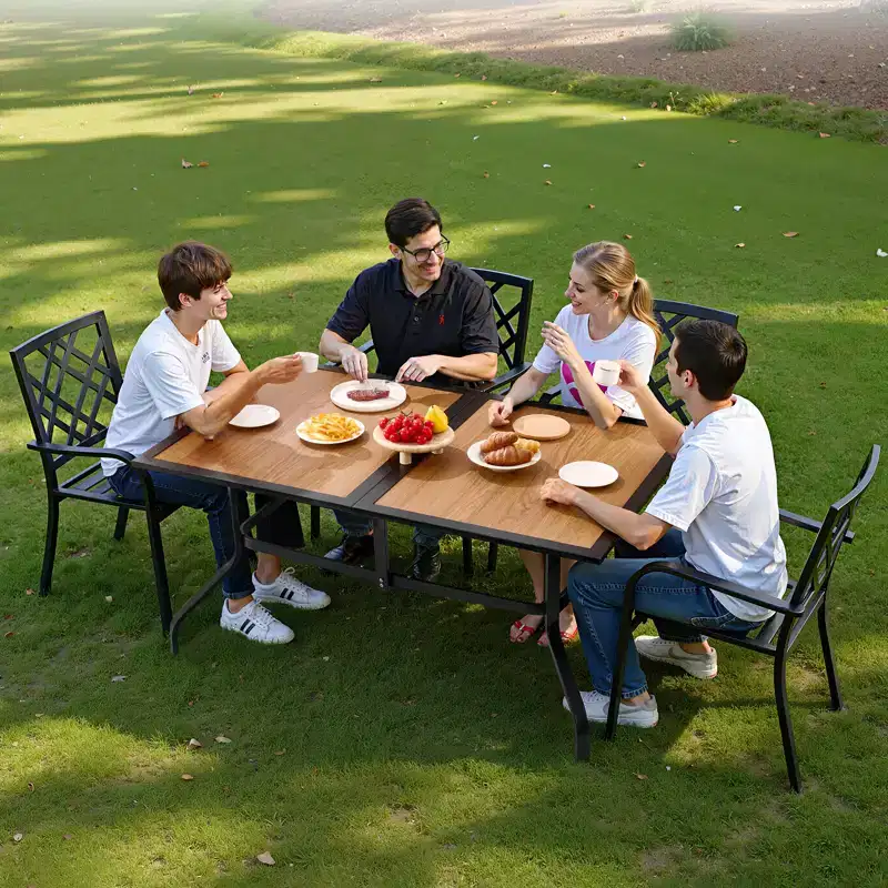 VEVOR Outdoor Patio Dining Table, 59 inch Long Rectangular Wood-Like Steel Slat Backyard Bistro Tables for 4-6, with 1.5 in Umbrella Hole, Brown