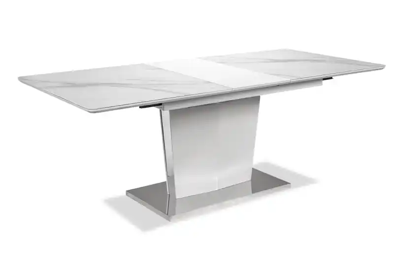 Dining Table, 63-78.75W Self-Storing Butterfly Leaf, Metal, Glass, Faux Marble