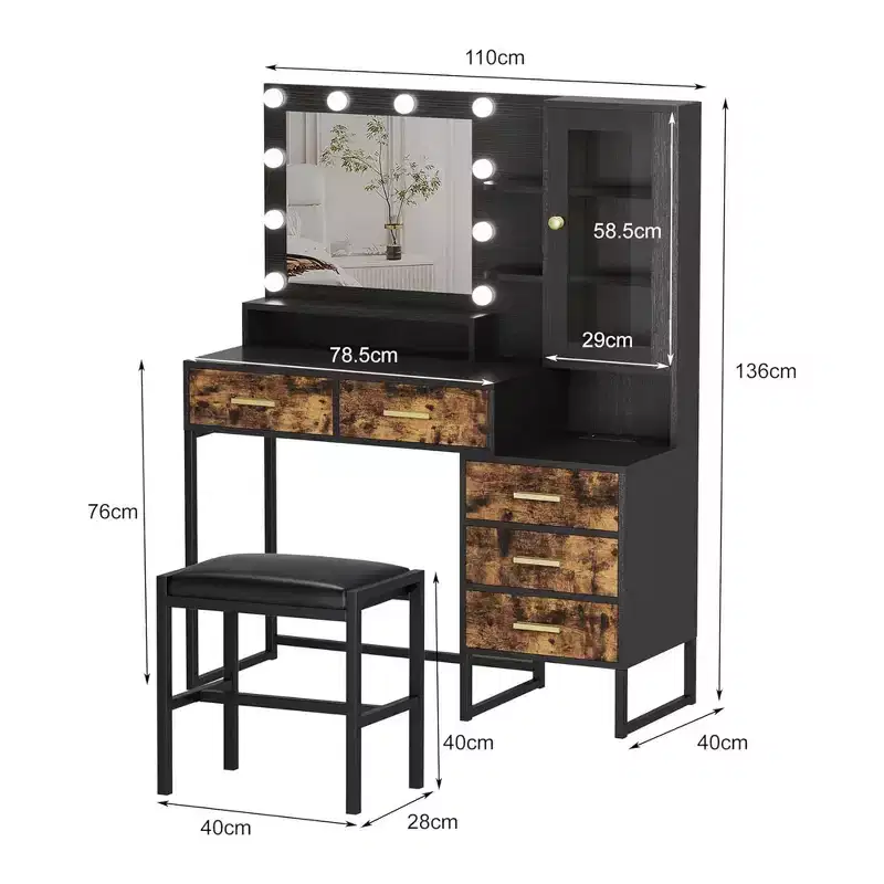 53.5Large Vanity Desk with Bench,Makeup Vanity with Mirror & Lights&Led Bulbs,Makeup Table with 5 Drawers, Vanity Table with Charging Station