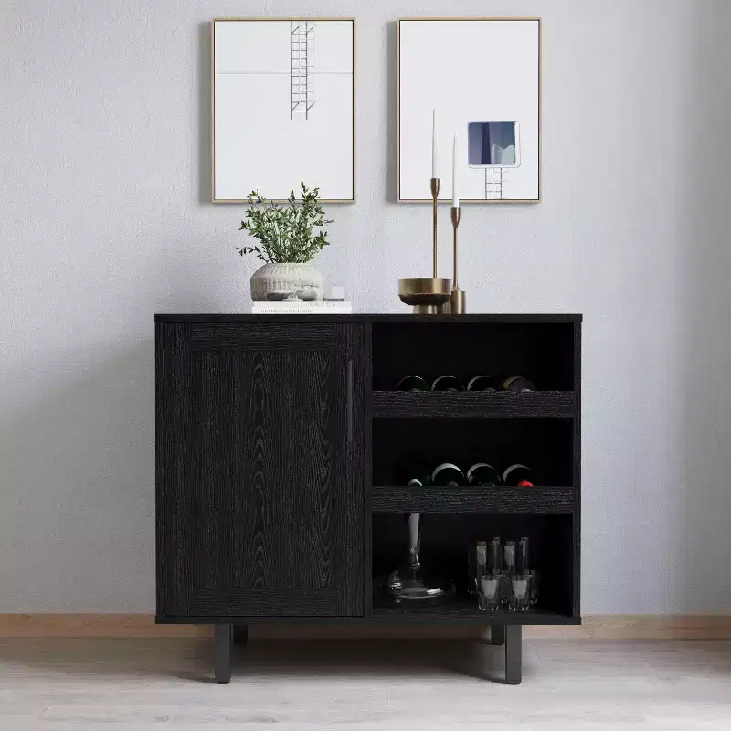 Merrick Lane Bar and Sideboard with Storage Cabinet, Hanging Stemware Holders and Bottle Storage