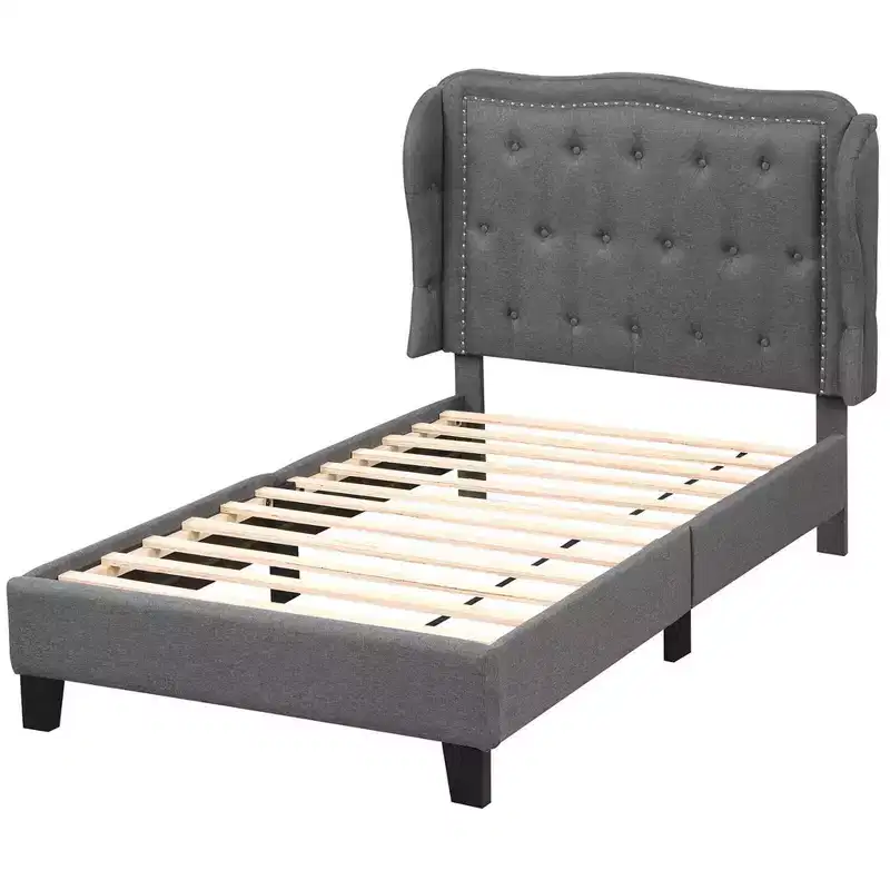 Twin Size Bed Frame with Button Tufted Wingback Headboard Wooden Slats Support