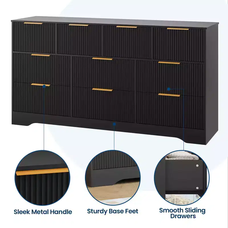 Fluted Dresser for Bedroom with 10 Drawers, 59 Wide Modern Chest of Drawers, Dresser TV Stand Wooden Closet for Living Room, Hallway