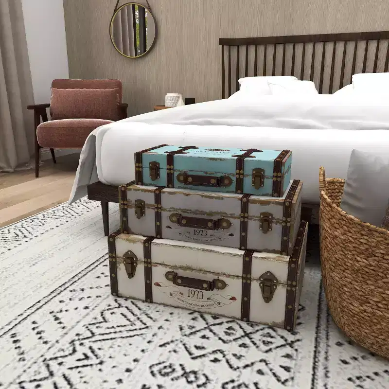 Set of 3 Farmhouse Distressed Wood Rectangular Trunks Natural - Olivia & May: Polyurethane Finish, No Assembly Required