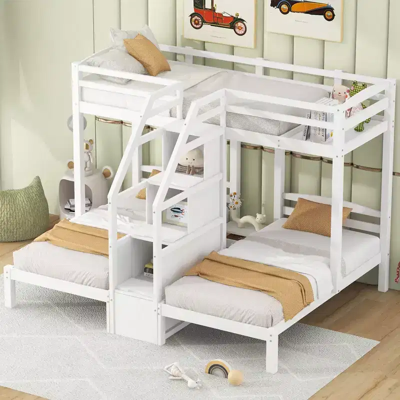 Triple Bunk Bed with Storages Staircase, Wood Twin Over Twin & Twin Bunk Bed Frame with Little Drawer and Storage Board for 3, White