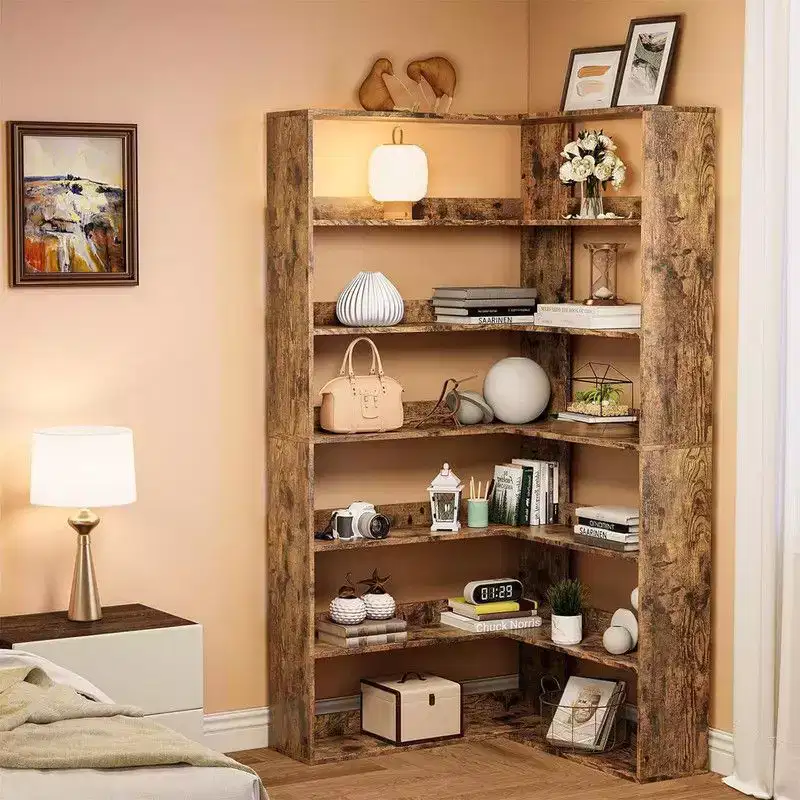 Coolmee 6 Tier Industrial Corner Bookshelf, L Shaped Bookcase with Baffles and Shelves, Large Storage Display Unit for Living Room, Home Office