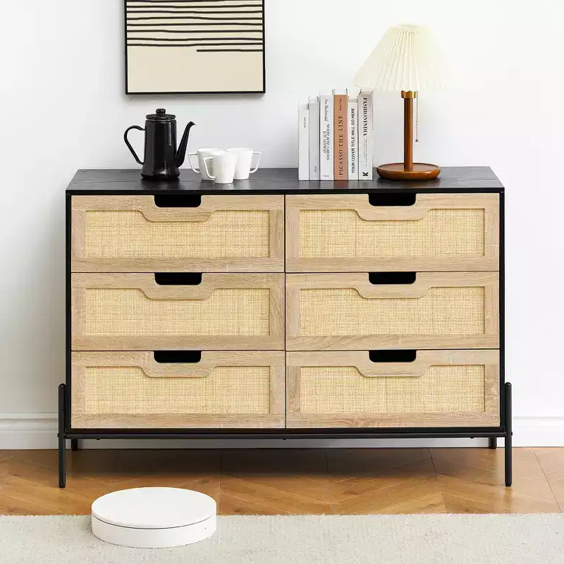 47'' Farmhouse Chest of Drawers,Rattan 6 Drawer Dresser with Metal Legs,Modern Wooden Dresser ,Large Wide Drawer Dresser for Bedroom,Living Room
