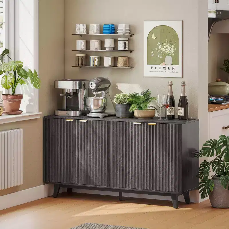 HOMCOM Fluted Buffet Cabinet with Storage, 55 Modern Sideboard Storage Cabinet with 4 Doors, 2 Adjustable Shelves and 5 Wood Legs