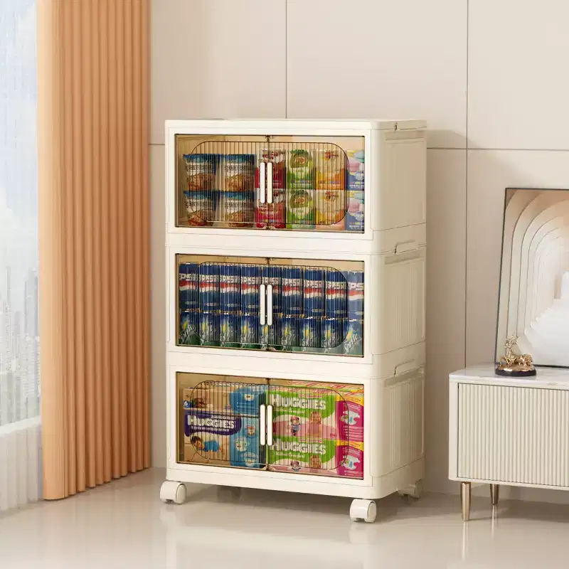 MAYEERTY 3 Tiers Plastic Folding Storage Cabinets with Magnetic Doors Wheels, Closet Organizers and Storage Containers White for Small Space