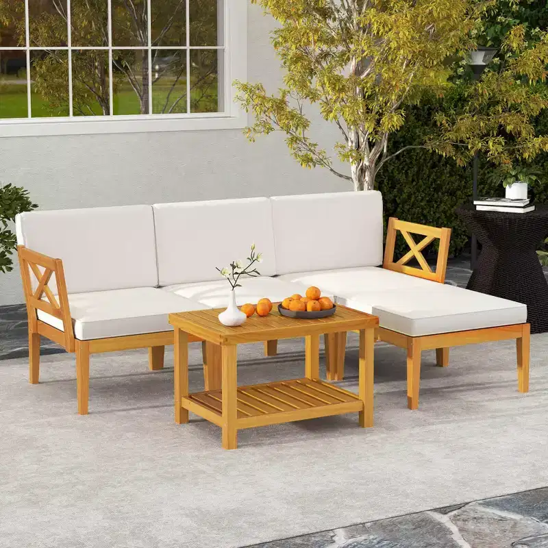 Costway 5 PCS Acacia Wood Patio Furniture Set with 2-Tier Coffee Table and Cushions