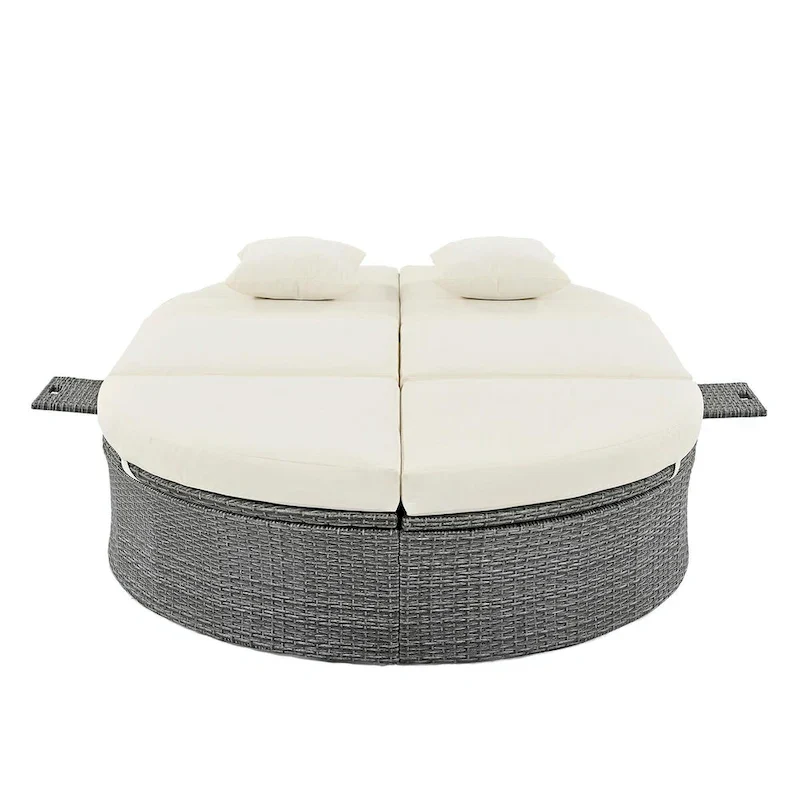 Rattan Patio Daybed with Cushions, Reclining Chaise Lounge, Foldable Trays