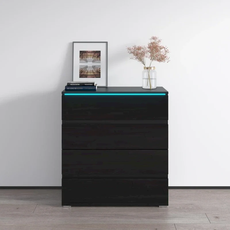 Glossy Modern Dresser with 4 Drawers & 19-Color LED Lighting