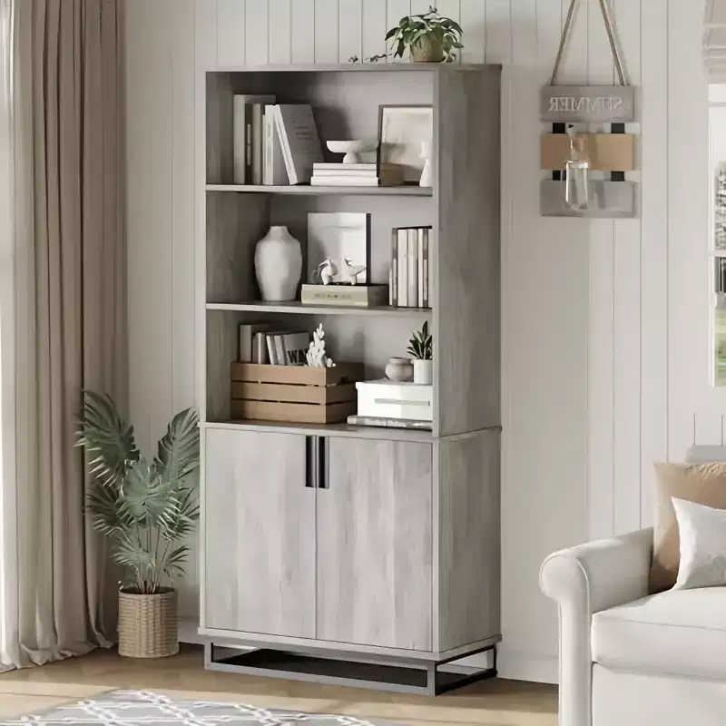 71 5-Tier Farmhouse Bookshelf with Storage Cabinet & Adjustable Shelves, Floor Standing Display Book Shelf for Home Office, Grey