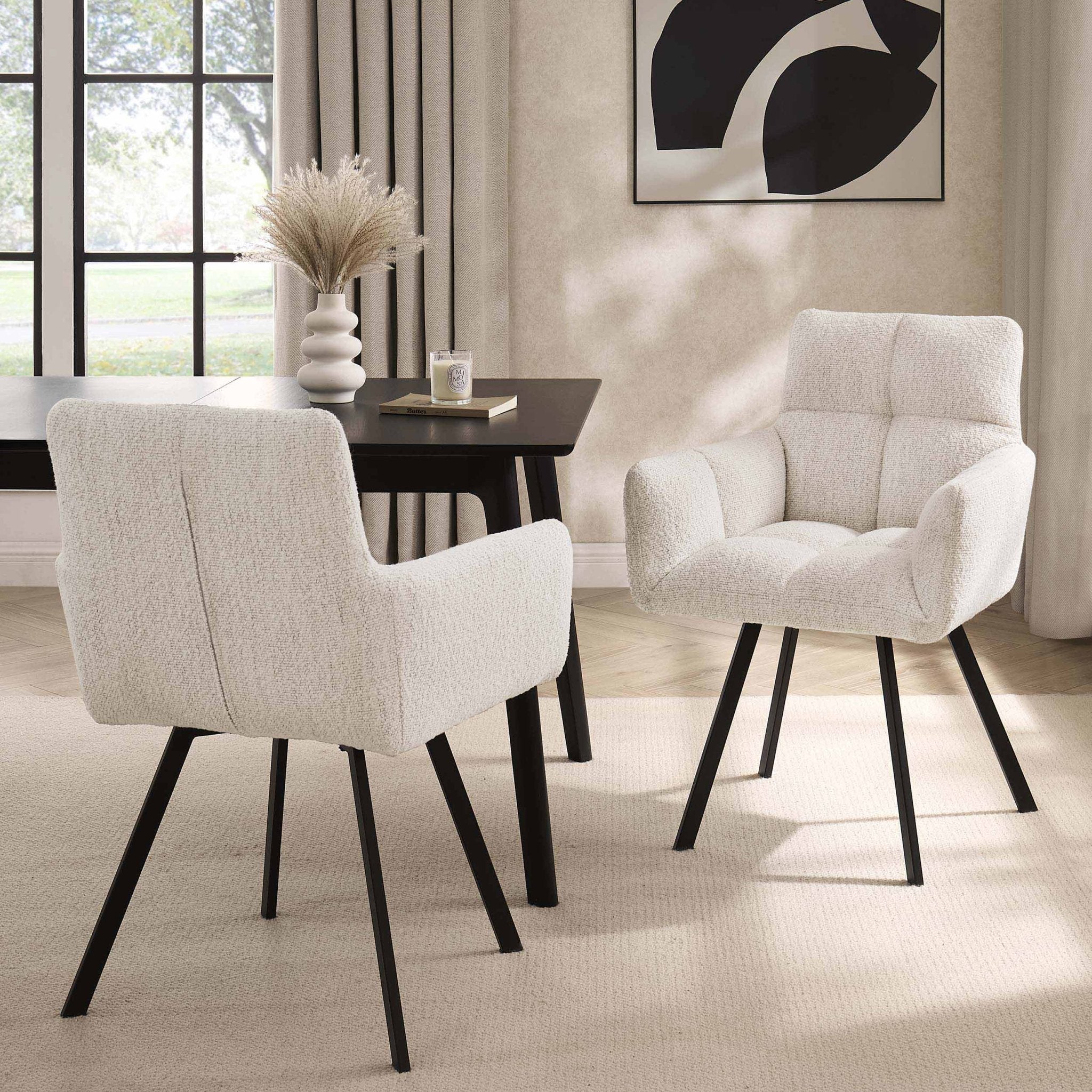 Contemporary Ivory Boucle Dining Chair with Relaxed Design for Dining Room