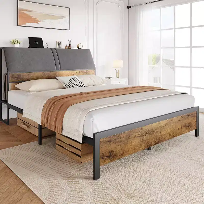 Platform Bed Frame with Upholstered Headboard, Charging Station, Durable Metal Frame, Noiseless, No Spring Mattress Required, Easy to Assemble