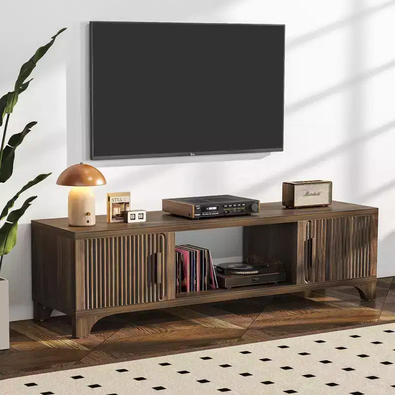 Mid Century Modern TV Stand for 5565 Inch TVs Boho Media Console with Fluted Doors, Storage Cabinets & Open Shelf