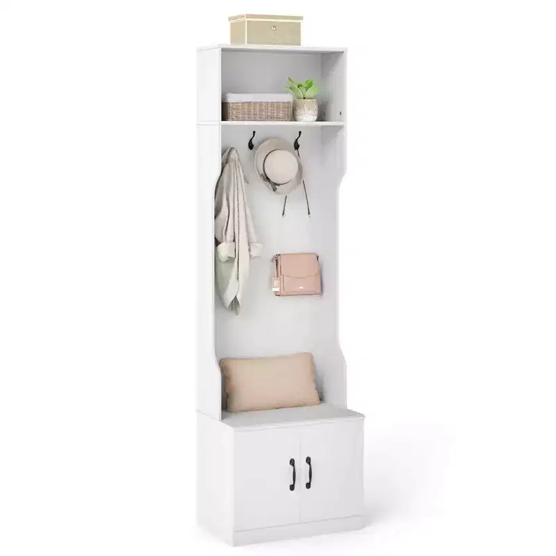 Costway 3-in-1/6-in-1 Hall Tree wirh Bench Storage Adjustable Shelves Hanging Hooks Shoe Cubbies White
