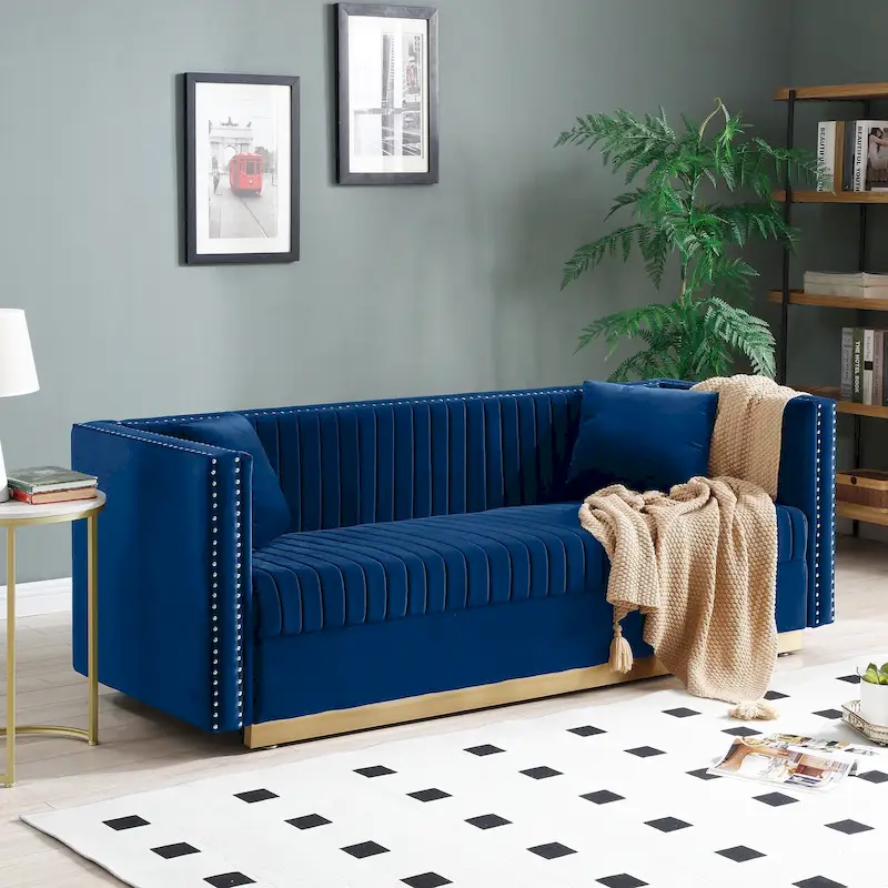 Contemporary Vertical Channel Tufted Velvet Sofa Modern Upholstered Couch for Living Room Apartment with 2 pillows