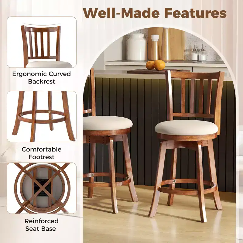 Costway 25'' Swivel Counter Barstools Set of 4 w/Backrest & Upholstered Seat Footrest