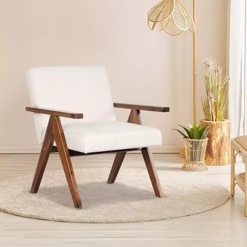 Modern Accent Chair, Linen Fabric Upholstery with Solid Acacia Wood Frame, Beige or Grey