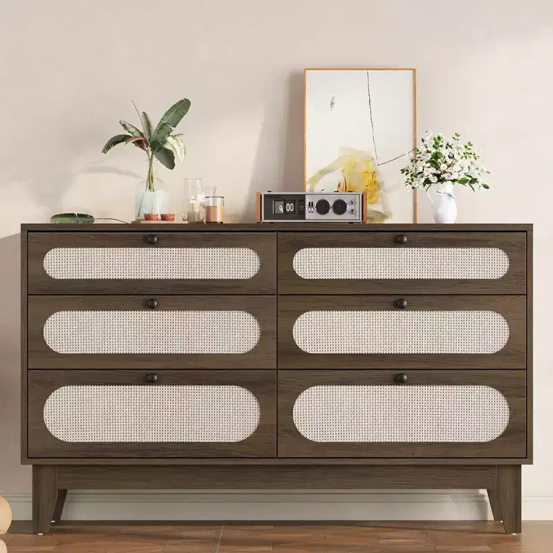 52.1 Rattan Bedroom Dresser, 6 Drawer Wood Dresser - Frame Feet, Charging Station, Large