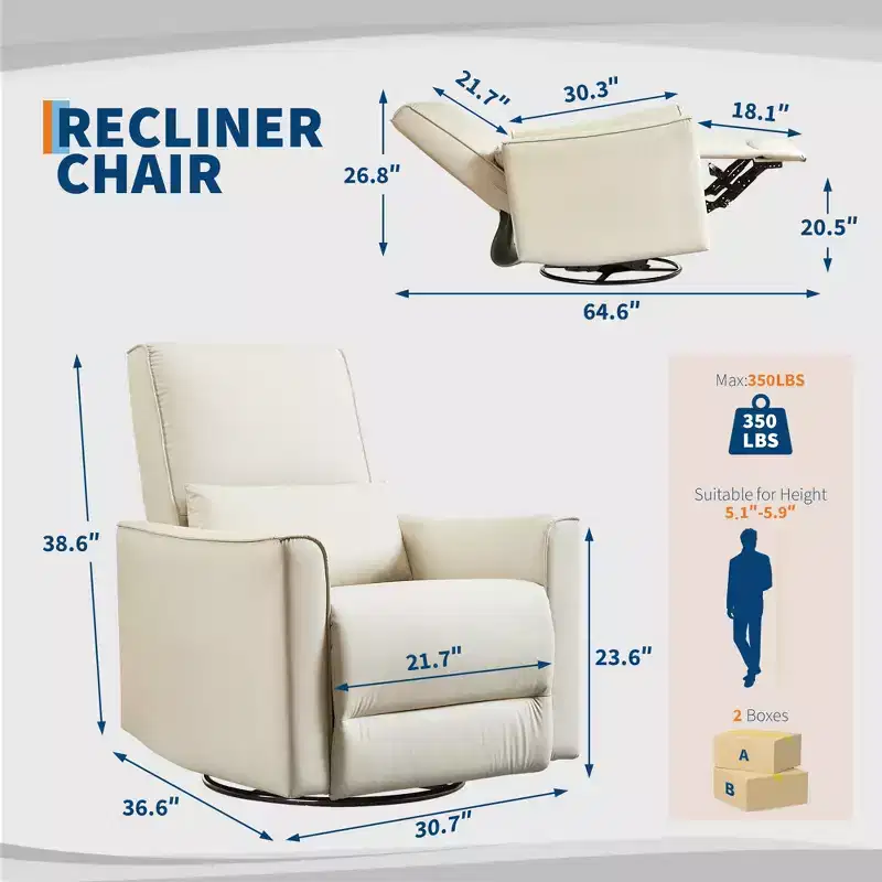 Swivel Rocking Recliner Chair, Lumbar Support & Padded Armrest, Comfortable Rocker Recliner, for Living Room, Bedroom